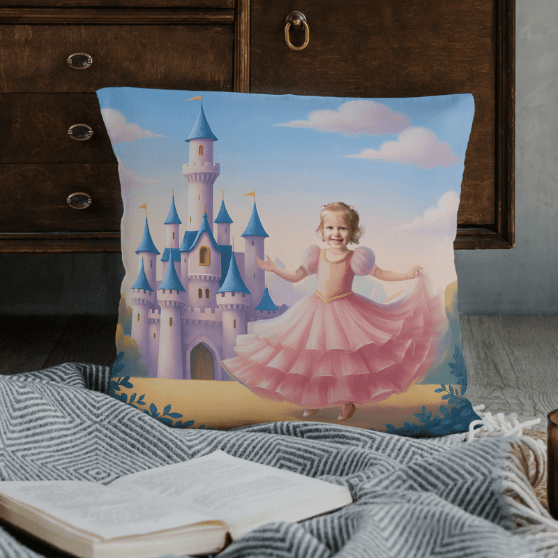 Poduszka ze zdjęciem Zamek Księżniczki – personalizowana poduszka z imieniem dziecka