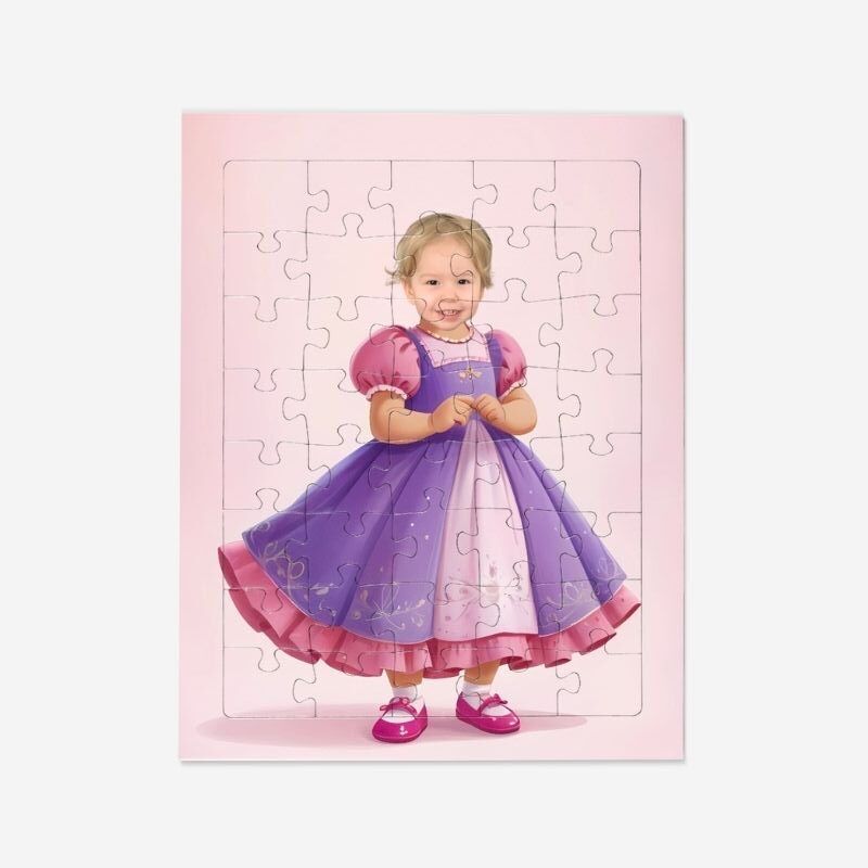PUZZLE_PERSONALIZOWANE_ZE_ZDJECIEM_PREZENT_DLA_DZIECKA_40_EL_KSIEZNICZKA (4) Puzzle mała księżniczka – personalizowana układanka przedstawiająca dziecko w roli księżniczki w pięknej, bajkowej sukni na różowym tle.