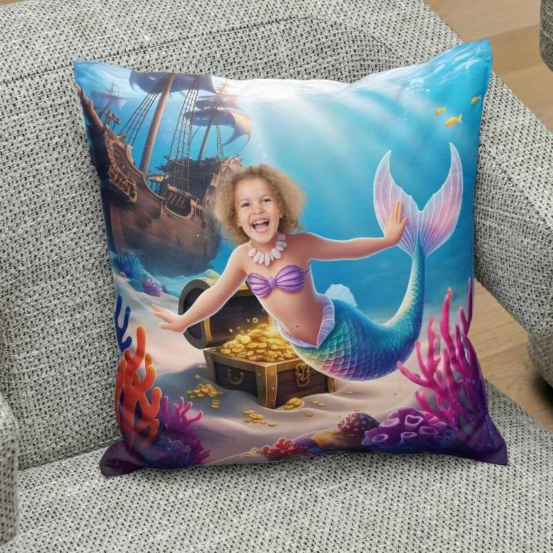 Personalizowana Poduszka ze zdjęciem syrenka i skarb